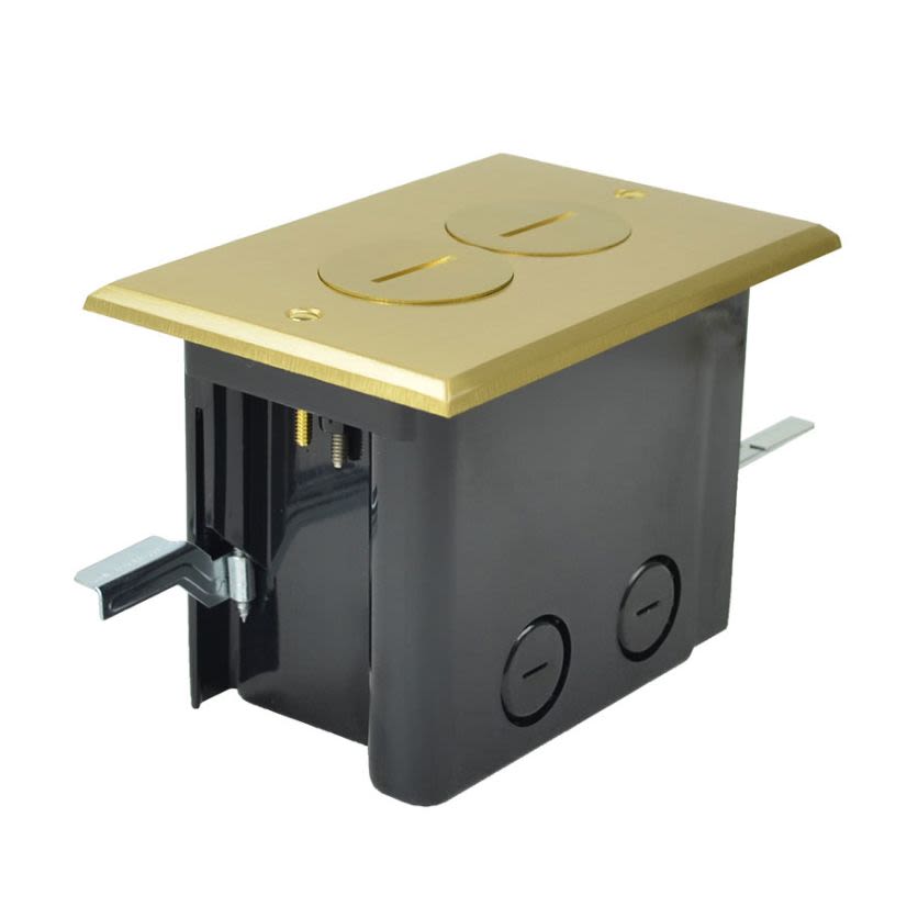Allied Moulded FB-2 Duplex Floor Box Assembly With Brass Duplex Device Cover, Polycarbonate, 24.5 cu-in, 1 Gang, 2 Outlets, 4 Knockouts